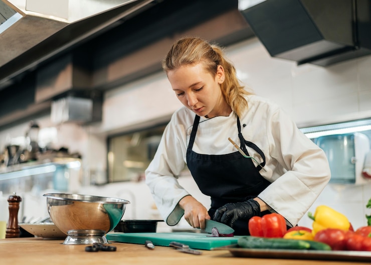 Gratis Foto vrouwelijke chef-kok hakken groenten in de keuken