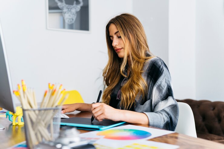 Gratis Foto vrouwelijke grafische ontwerper aan het bureau