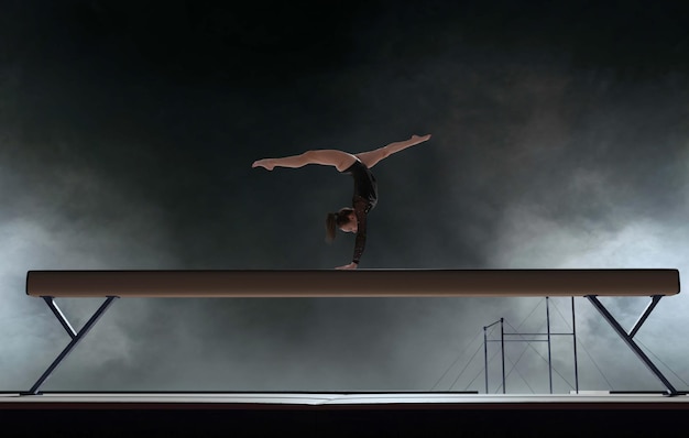Vrouwelijke gymnast die een ingewikkelde truc doet