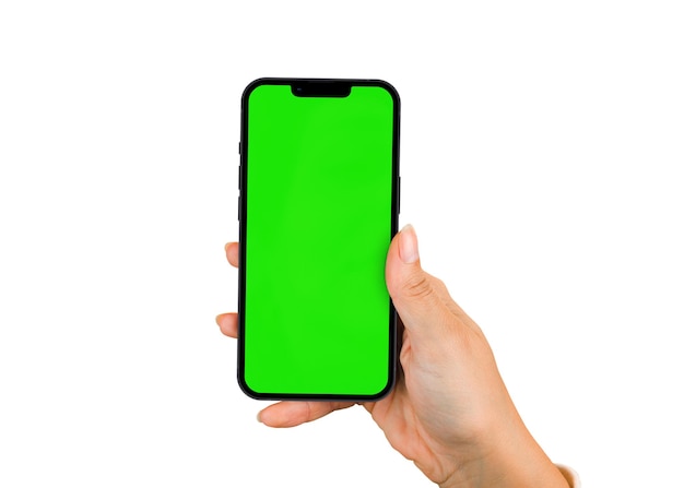 Vrouwelijke hand met een smartphone met chroma key op het scherm. witte achtergrond en groen scherm.