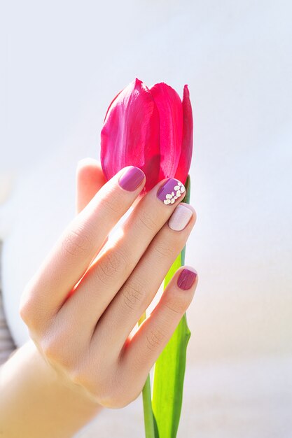 Vrouwelijke hand met paarse nagel ontwerp met mooie roze tulp.