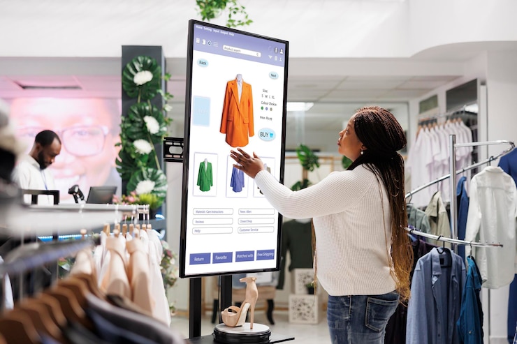 Gratis Foto vrouwelijke koper die kleding aan boord selecteert