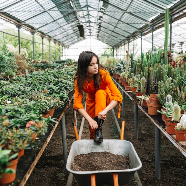 Vrouwelijke tuinman die Wellingtonlaars in serre dragen