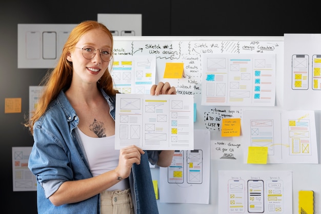 Gratis foto vrouwelijke webdesigner met papieren en notities op kantoor