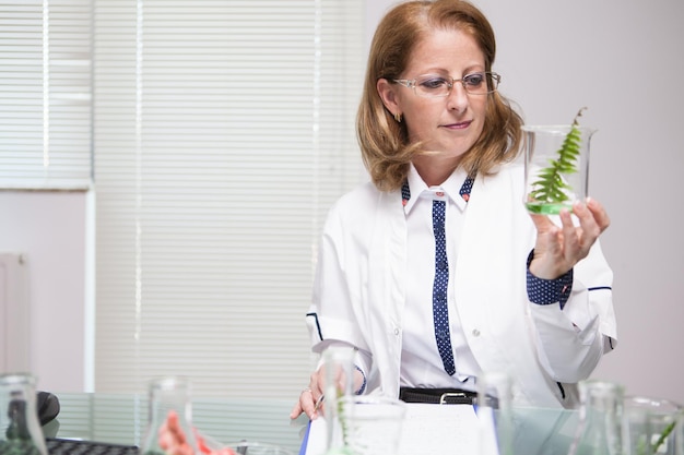 Gratis foto vrouwelijke wetenschapper die de plant controleert nadat ze er een biologietest op heeft gedaan. scheikunde lab. wetenschappelijke proef.