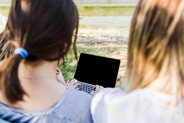 Vrouwen die op laptop in openlucht typen