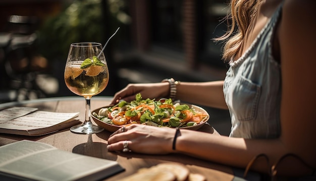 Vrouwen die samen genieten van een verfrissende zomermaaltijd en wijn, gegenereerd door AI