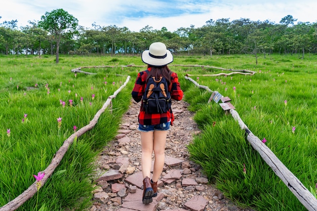 Gratis foto vrouwenreiziger die met rugzak bij krachiew-bloemgebied, thailand lopen. reis concept.