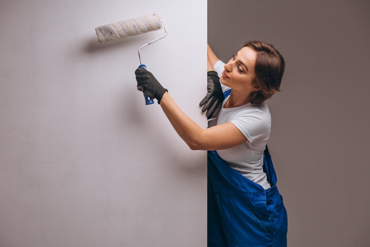 Gratis Foto vrouwenreparateur met geïsoleerde het schilderen van rol