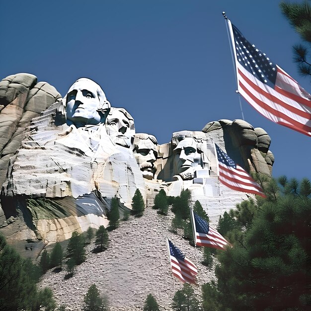 VS-vlag en standbeeld van Abraham Lincoln op de achtergrond van rotsen