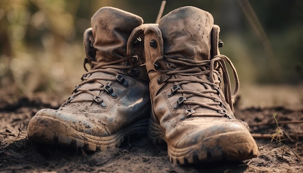 Vuile leren wandelschoenen sjokken door de modderige natuur die door AI is gegenereerd