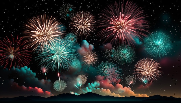 Vuurwerk explodeert in een levendige, veelkleurige viering van de zomernacht, gegenereerd door kunstmatige intelligentie