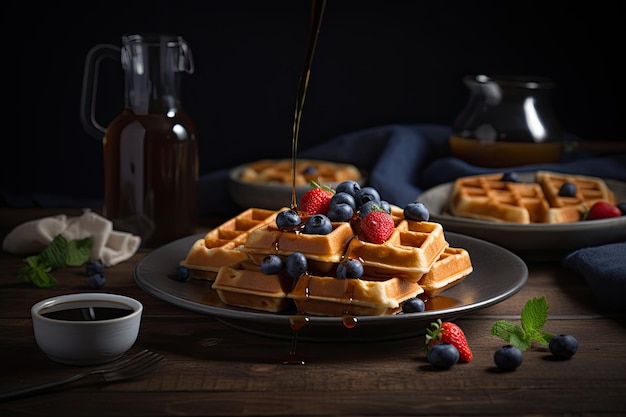 Wafels met bessen en ahornsiroop op rustieke houten tafel Ai generatief