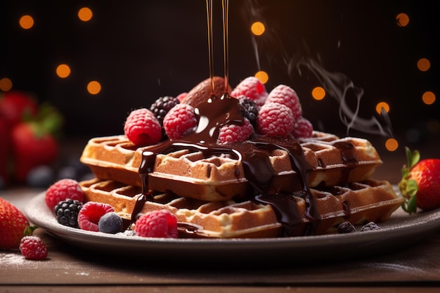 Waffels met chocolade en raspberry op de top