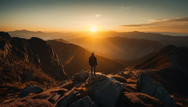 Gratis Foto wandelen op de bergtop bij zonsopgang succes behaald gegenereerd door ai