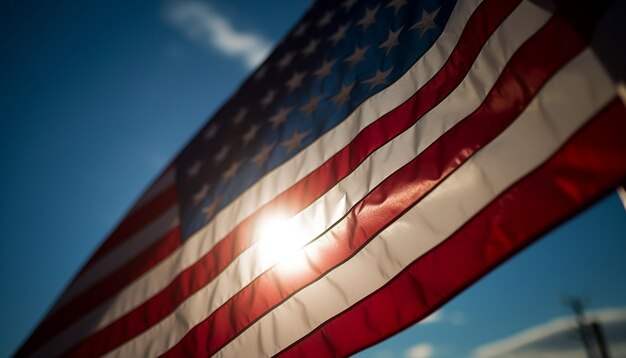 Wapperende amerikaanse vlag symboliseert patriottisme en vrijheid gegenereerd door ai