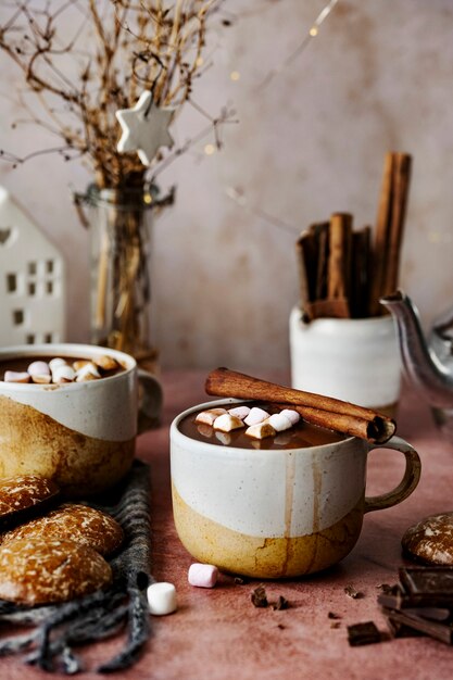 Warme chocolademelk met marshmallows in de winter opwarmen