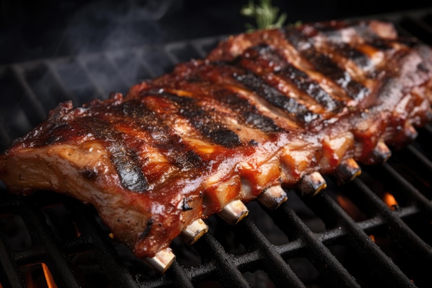 Warme gegrilde spareribs met barbecuesaus met vuur AI generatief