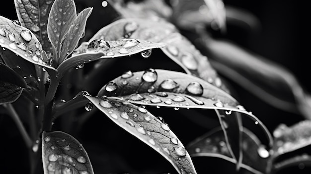 Gratis foto waterdruppels op bladeren zwart-wit beeld