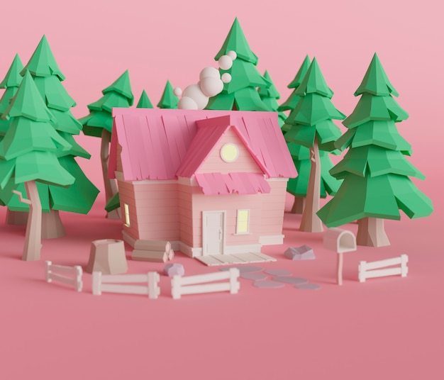 Weergave van 3D-huis met hek en bomen