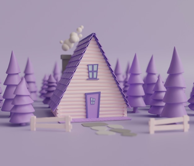 Gratis foto weergave van 3d-huis met hek en bomen