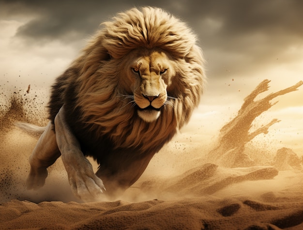Gratis foto weergave van 3d-leeuw met natuurachtergrond