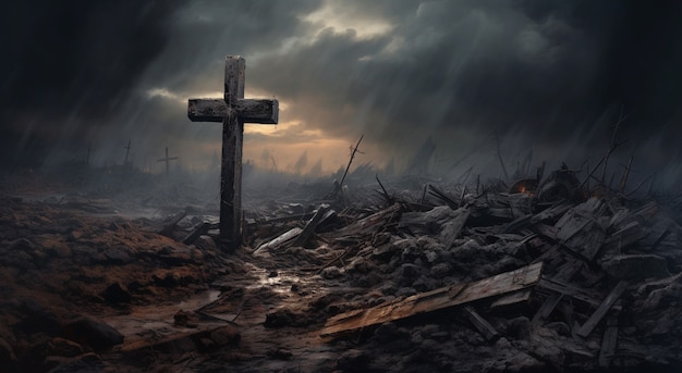 Gratis foto weergave van 3d-religieus kruis met apocalyptisch landschap