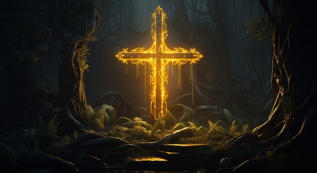Gratis foto weergave van 3d-religieus kruis met neonlicht