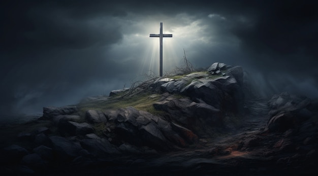 Weergave van 3D-religieus kruis met somber weer