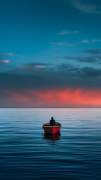 Gratis foto weergave van boot drijvend op het water met natuurlandschap