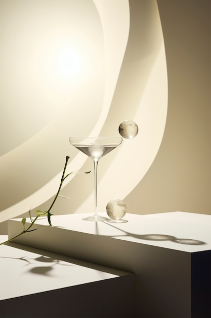 Gratis foto weergave van cocktailmix in glas met abstracte neo-futuristische set