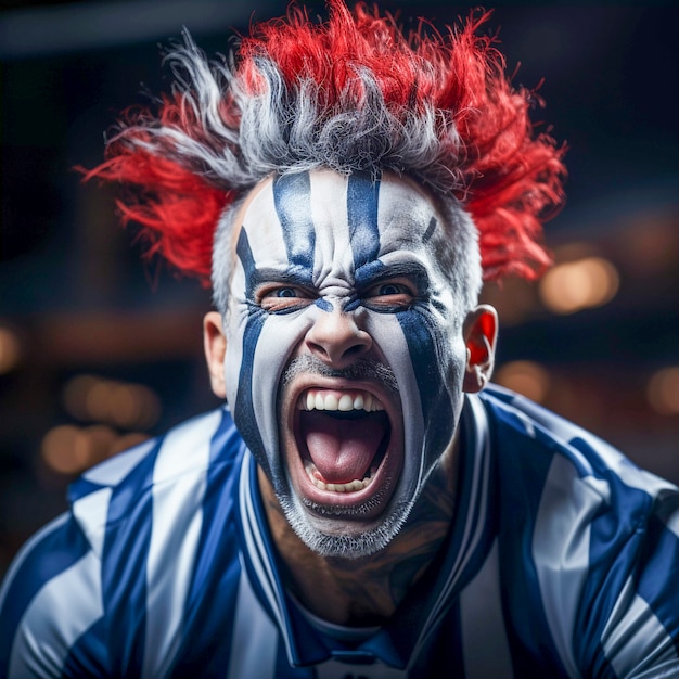 Gratis foto weergave van extatische voetbalfan met geschilderd gezicht