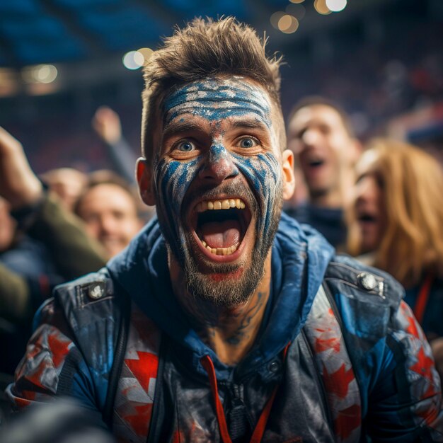 Weergave van extatische voetbalfan met geschilderd gezicht