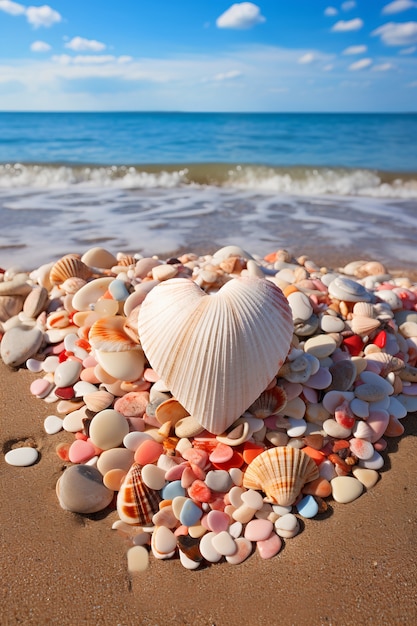 Gratis foto weergave van hartvorm van shell op strand