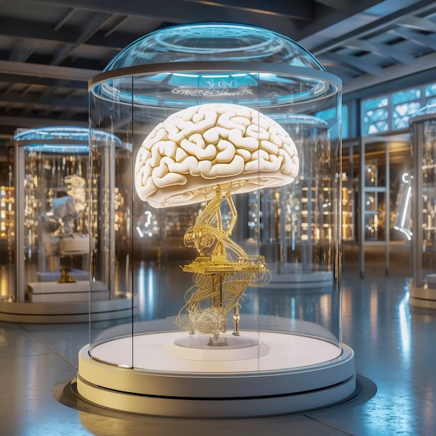 Weergave van het menselijk brein in een transparant glazen display