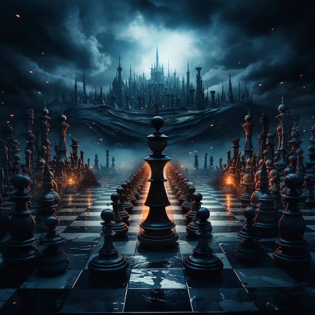Weergave van schaakstukken met dramatische en mystieke achtergrond