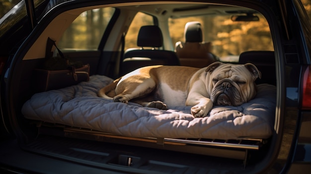 Weergave van schattige hond die vredig in de auto slaapt