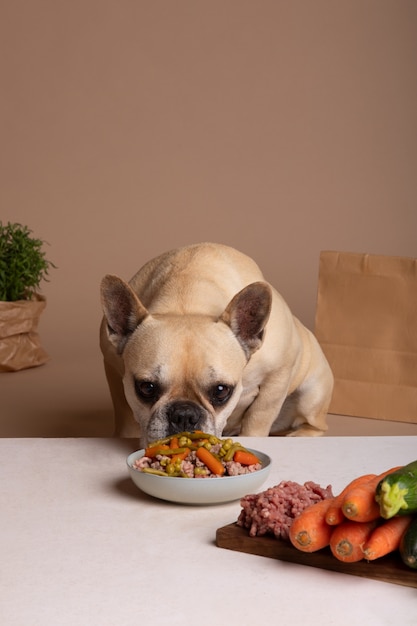 Gratis foto weergave van schattige hond met kom eten