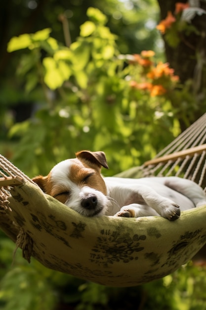 Gratis foto weergave van schattige hond slapen in hangmat