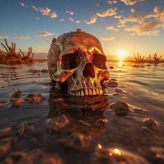 Weergave van skeletschedel die uit het water tevoorschijn komt