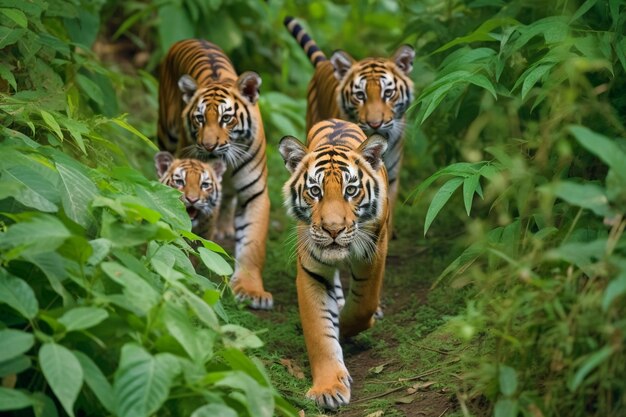 Weergave van tijgers in de natuur met vegetatie