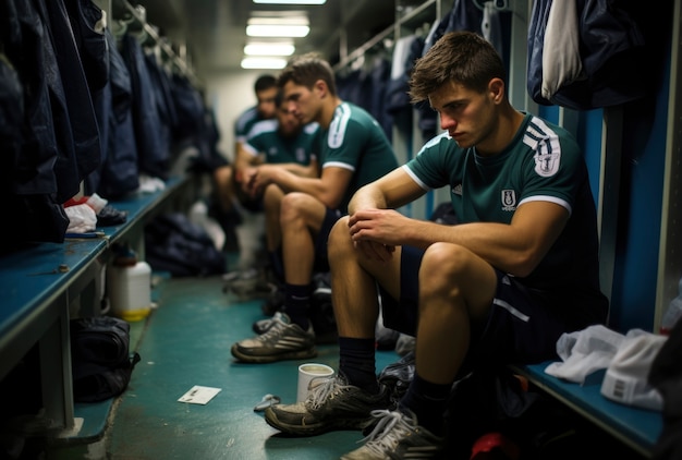 Weergave van voetballers vóór de wedstrijd in de kleedkamer