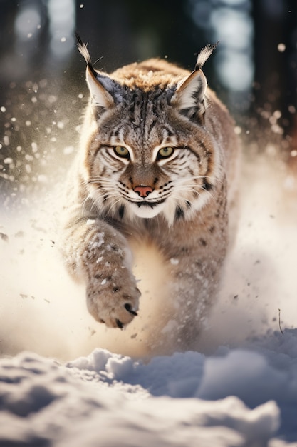 Weergave van wilde bobcat met sneeuw in de winter