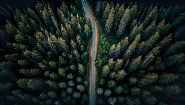 Weg voor een auto tussen het bos bovenaanzicht