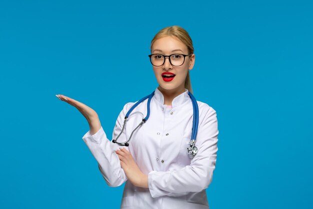 Wereld dokters dag schattige dokter zwaaiende handen met de stethoscoop in de medische jas