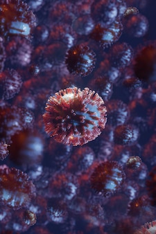 Wereldwijde pandemie onder de microscoop, weergave van coronavirus in macro. 3d render afbeelding.