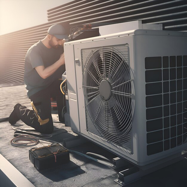 Werknemer die een airconditioner op het dak van een gebouw repareert