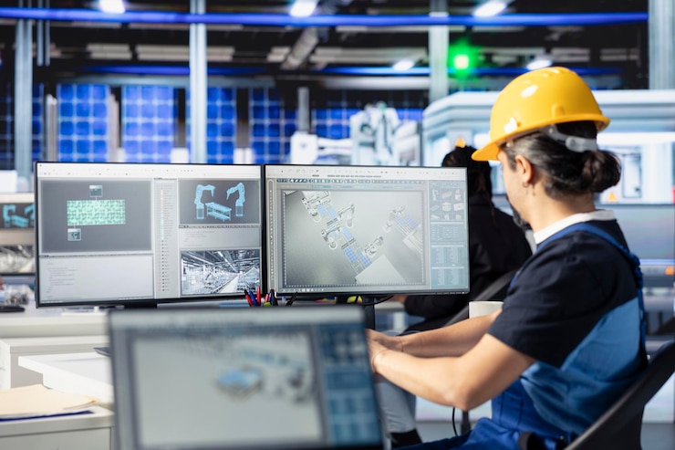 Gratis Foto werknemer kijkt naar een computermonitor om de configuratie van zonnepanelen te verbeteren