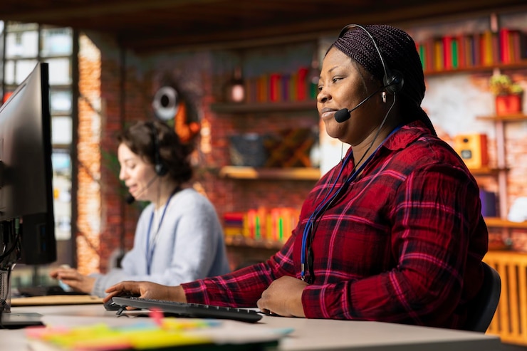 Gratis Foto werknemer van een callcenter die een audio headset gebruikt om technische vragen van klanten te beantwoorden