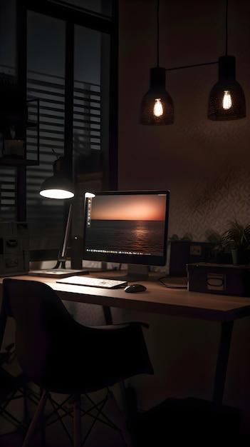 Werkplek in een donkere kamer met een computer en een lamp